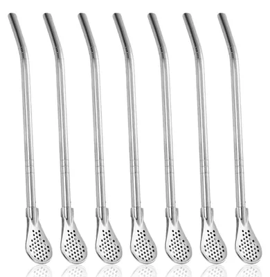 Obrázek produktu pro Sada nerezových brček s filtrem, 7 kusů, délka 18 cm, kovová, opakovaně použitelná, vhodná pro smoothie, koktejly, čaj, mléčné koktejly, průměr 2,1 cm