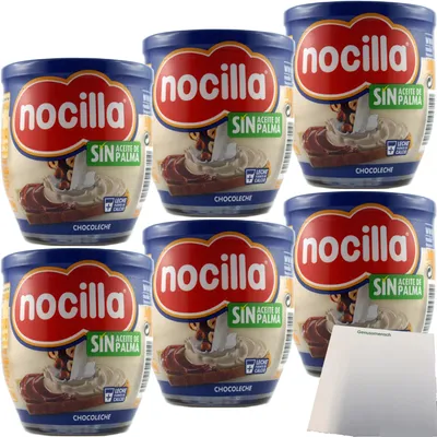 Produktbild von Nocilla Chocoleche Spanische Kakao und Milchcreme, Brotaufstrich mit Haselnüssen 6er Pack (6x180g Glas) + usy Block