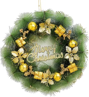 Produktbild von Weihnachtskranz für die Haustür, künstlicher Tannennadelkranz mit Kugeln, Schleifen, Blumen, „Frohe Weihnachten“, hängende Dekoration für Zuhause, Wand, Fenster, Veranda, Innen- und Außendekoration