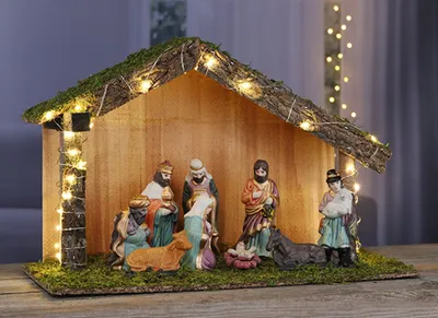 Produktbild von 30 LED Weihnachtskrippe Weihnachtsdeko Weihnachten Krippe Holzhaus mit 9 Figuren