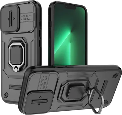 Immagine prodotto di Custodia per iPhone 13 Pro a doppio strato con protezione scorrevole della fotocamera e supporto per anello, supporto nero