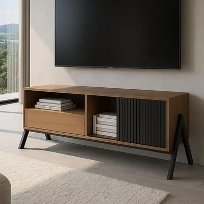 Produktbild von TV-Rack HWC-O40, Lowboard TV-Schrank Schiebetür Staufächer Schublade, MDF Metall Melamin 49x120x40cm  natur