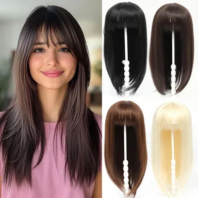 Image de Pièce de cheveux synthétique pour femmes, longueur 45 cm, avec frange, couleur marron très foncé
