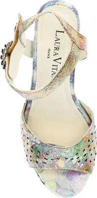 Produktbild von Laura Vita Damen Sandalette Leder Metallic Strass Cutouts Blumen Muster NINO 01, Größe:40 EU, Farbe:Gelb