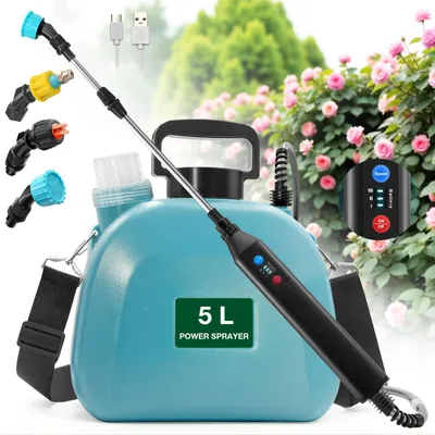 Produktbild von Gartenspritze Drucksprüher Akku 5L, Pflanzensprüher mit 3 Nebeldüsen, Teleskopstab Griff, Schultergurt, Unkrautspritze Wassersprüher Garten Spritze