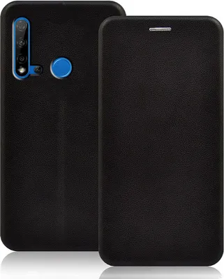 A black flip case for a smartphone, shown from the back and front.