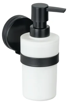 Immagine prodotto di WENKO Static-Loc® Plus Dispenser per sapone Pavia Nero, fissaggio senza forature, tenuta sicura grazie all'adesione statica su superfici lisce e impermeabili all'aria, capacità 220 ml, 6 x 16 x 9 cm, acciaio opaco