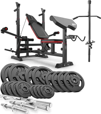 Produktbild von Hop-Sport multifunktionale Hantelbank HS-1075 - mit Curlpult & Latzugturm - inkl. 106 KG Gusseisen Hantelset Lang-, Curl- & Kurzhantelstange, Gewichte