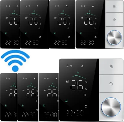 A collage of digital WiFi thermostats, some with a WiFi symbol.