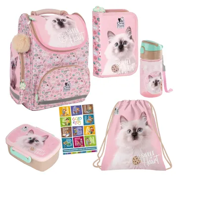 Produktbild von Goldkids - Schulranzen für Jungen und Mädchen, 6er-Set - Schul-Rucksack für Kinder mit Federmäppchen - Schuhbeutel Trinkflasche und Brotdose - Katze