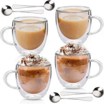 Image de Lot de 4 verres à latte macchiato de 250 ml avec cuillères - Verres à espresso à double paroi, verres à cappuccino, verres à café, verres à café glacé, verres isothermes