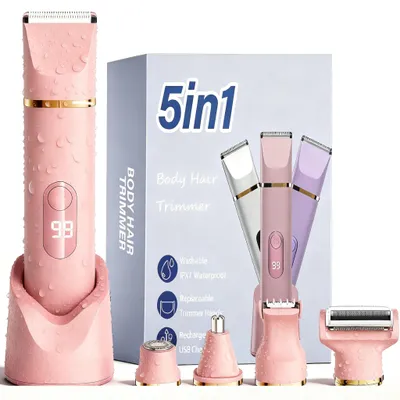 Produktbild von 5-in-1 Rasierer Damen Elektrischer Intimrasierer, Bikini Trimmer (IPX7 Wasserdicht Wet/Dry, LED-Display), mit USB-Ladestation für Körper & Beine