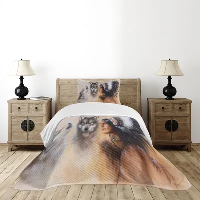 Obrázok produktu pre ABAKUHAUS Farebná sada prikrývok, rozostrená mystická maľba chlapca, rodáka, s vlkmi, 170 x 220 cm, viacfarebná