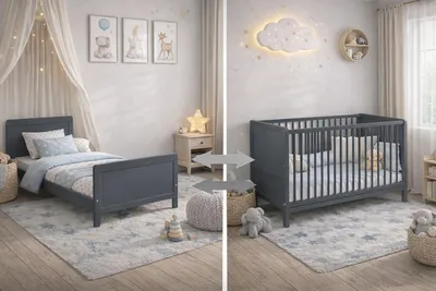 Produktbild von Nelly Babybett 120x60 cm – Kinderbett – Umbaubar zum Juniorbett – Buche Massivholz – 3 Schlupfsprossen – EN 716 – Grau