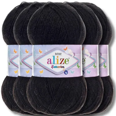Produktbild von Alize 5x 100g Sekerim Bebe Wolle, Uni, Stricken, Häkeln (Black - 60)