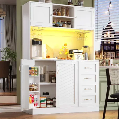 Produktbild von Moderner Küchenschrank mit LED, Snackregal & Getränkehaltern, 4 Türen, 2 Schubladen, Aufbewahrungsschrank,Seitenboard,120x40x188cm,Weiß