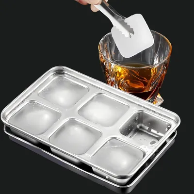 Image de Boîte à glaçons avec couvercle - Moule à glaçons en acier inoxydable - Moule à glaçons avec 6 compartiments - Boîte à glaçons carrée