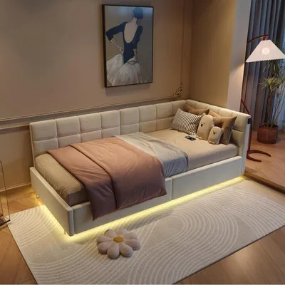 Zdjęcie produktu dla Łóżko jednoosobowe 90x200 cm, obite welurem w kolorze beżowym, z pojemnikiem na pościel i oświetleniem LED, z portem USB