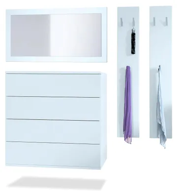 Produktbild von Garderoben-Set Hollywood, bestehend aus 1 Kommode mit 4 Schubladen, 1 Spiegel und 1 Wandpaneel-Set, Weiß matt/Weiß matt