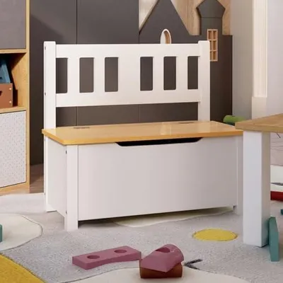 Produktbild von Kinderbank mit Stauraum in Weiß und Beige, 60x30x55 cm, aus MDF