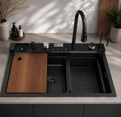 Produktbild von Faizee Home Edelstahlspüle Schwarz 75x46 cm Wasserfall Küchenspüle mit Multifunktionsarmatur Siphon Set