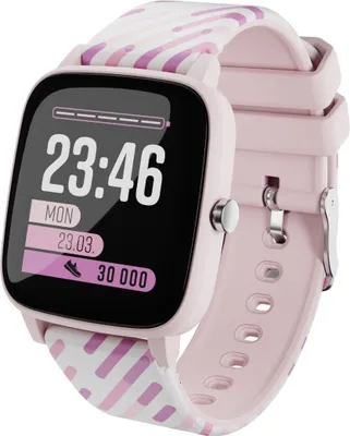 A pink smartwatch with a patterned strap is shown against a white background.