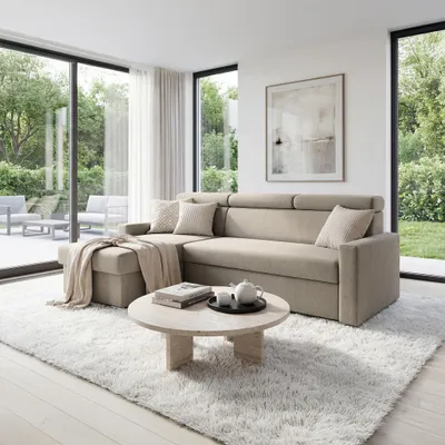 Produktbild von Ecksofa Vega L mit Schlaffunktion Zero-Wall Funktion Samtsofa 224 cm Beige