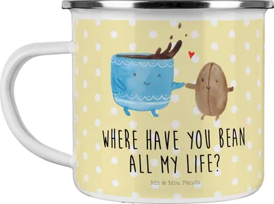 Produktbild von Mr. & Mrs. Panda Emaille Tasse Kaffee Bohne - Gelb Pastell - Geschenk, Lustige Sprüche, Kaffeebohne, Glück, Haferl, Pott, metallbecher, Genuss, Teetasse, Zufriedenheit