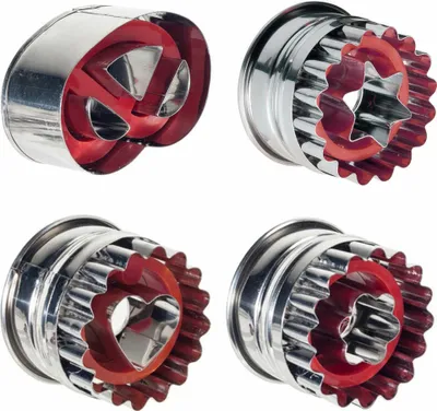 A collage of four stainless steel cookie cutters with red plastic inserts, each featuring a different shape: a pretzel, a star, a heart, and a flower.