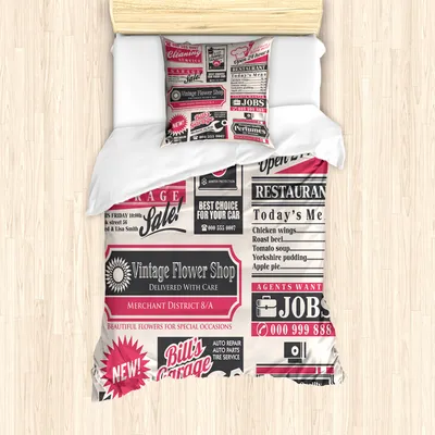 Produktbild von ABAKUHAUS Retro Bettbezug Set für Einzelbetten, Nachrichtenmagazin Design, Milbensicher Allergiker geeignet mit Kissenbezug, Creme Rot Schwarz