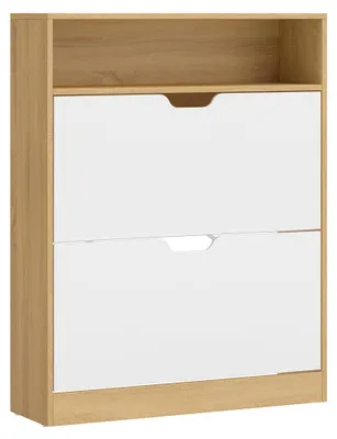 Produktbild von VASAGLE Schuhschrank, 2 Klappen, für 14-16 Paar Schuhe, 24 x 80 x 102 cm – Größe 2 Klappen ( 80Bcm), Goldeichenfarben + Wolkenweiß