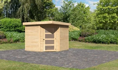 A wooden garden shed is situated on a paved area in a garden setting.