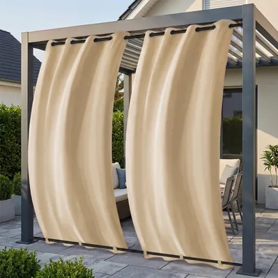 Produktbild von Outdoor Vorhang Wetterfest Sonnenschutz, Vorhänge mit Ösen und Unten Schlaufen Gardinen für Balkon Terrasse Pavillon, 1 Stück, Beige, B132xH274cm