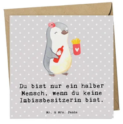 Produktbild von Mr. & Mrs. Panda Grußkarte Imbissbesitzerin Herz - Grau Pastell - Geschenk, faltkarte, Imibissverkäuferin, anlasskarte, doppelkarte, Witzig, Klappkarte, Glückwunschkarte