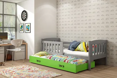 Produktbild von Kinderbett mit Zustellbett ohne Matratzen 80x190 BRIGID – Graphit / Grün