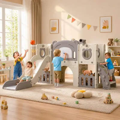 Produktbild von Kinderrutsche Spielturm Kletterturm Rutsche - 10-in-1 - Für Innen und Außen - Basketballkorb - Grau und Weiß