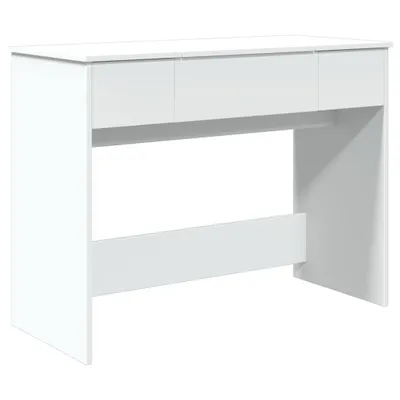 A white vanity table with drawers against a white background.