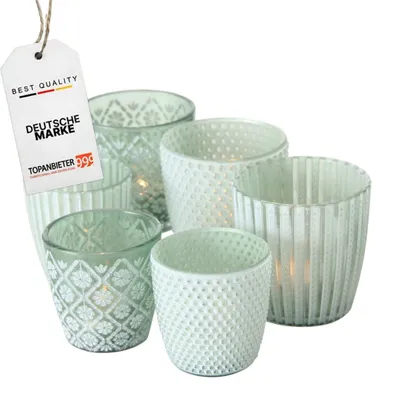 6er Set Teelichthalter, Windlicht, 3 Motive, 2 Größen, grün/weiß, Glas