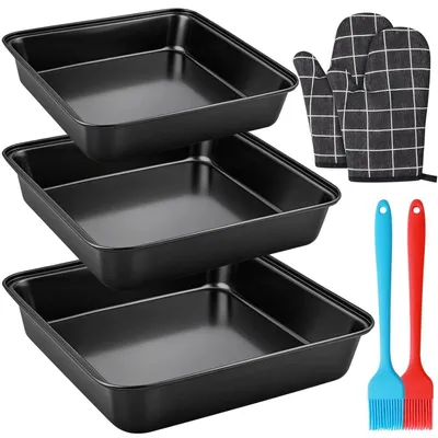 Immagine prodotto di Set di stampi per brownie, 3 pezzi, con pennello in silicone e guanto da forno | Rivestimento antiaderente, forma quadrata, ideale per torte e lasagne | 22/25/27 cm