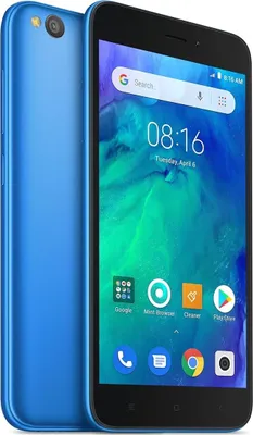 A blue Xiaomi Redmi Go smartphone is shown from the front and back, displaying its screen with various app icons and the time.