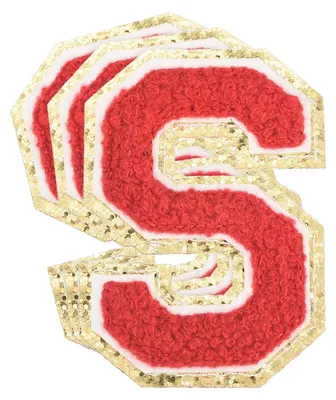 3 Chenille-Buchstaben-Patches, S-Form, rot, goldumrandet, zum Aufbügeln