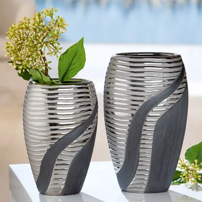 Gilde Vaso Moderno In Ceramica Champagne Con Bordo Argentato - Altezza 30 Cm, Vaso Da Tavolo Per Fiori E Decorazioni - 4