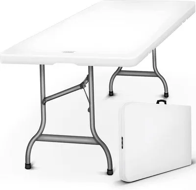Image de Table de jardin pliable Unyqoos® de 180x75x74 cm, plateau en plastique résistant aux intempéries, structure en acier, table de camping avec poignée de transport, capacité de 200 kg, pour 6 personnes