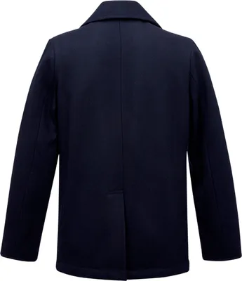 A back view of a navy pea coat.