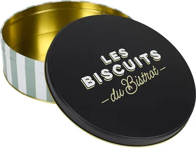 Image de HowHomely | Boîte à biscuits - Rond - 22 x 22 x 7 cm - Rayures vertes - Boîte à biscuits - Métal - avec inscription
