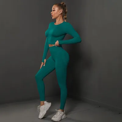 Produktbild von 2-teiliges nahtloses Trainingsanzug-Set, Laufset, Trainingsanzug, Leggings-Set, grš¹n, M