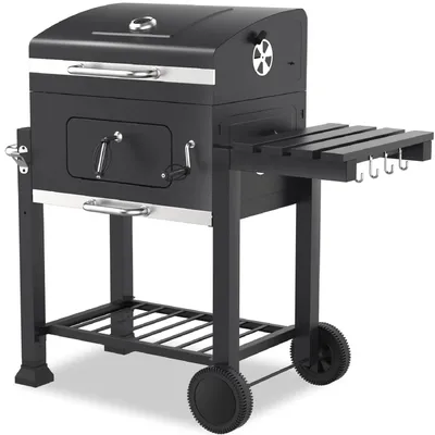 Image de Barbecue au charbon de bois - Barbecue d'extérieur - Avec couvercle - Thermomètre intégré - Roulettes - Poignée en acier inoxydable - Tablette latérale - Noir