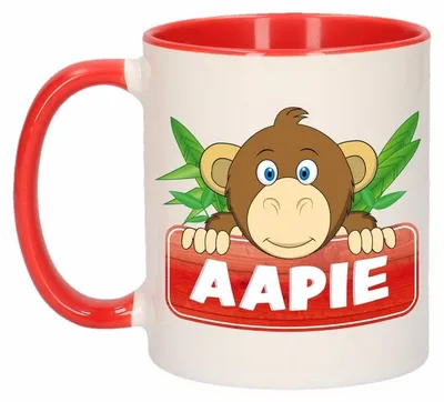 Produktbild von Aapie Becher - rot/weis - Keramik - 300 ml - Kinderbecher Affe