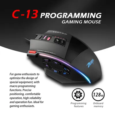 Obrázok produktu pre Herná káblová myš Zelotes C-13 s 13 programovateľnými tlačidlami, nastaviteľným rozlíšením 10 000 DPI, RGB podsvietením, 128 KB integrovanou pamäťou a zabudovaným mechanizmom vyvažovania