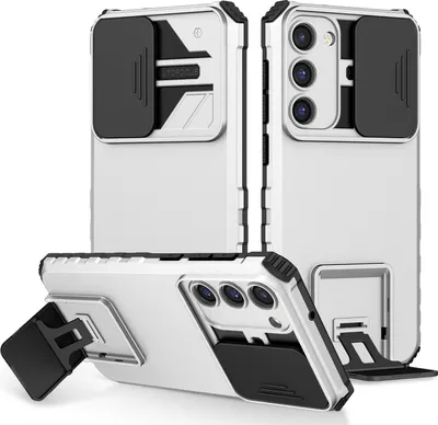 Produktbild von Galaxy S23+ Hülle, Dual Layer Ständer Schutzhülle mit Schiebe Kamera Schutz für Samsung Galaxy S23+ Weiß